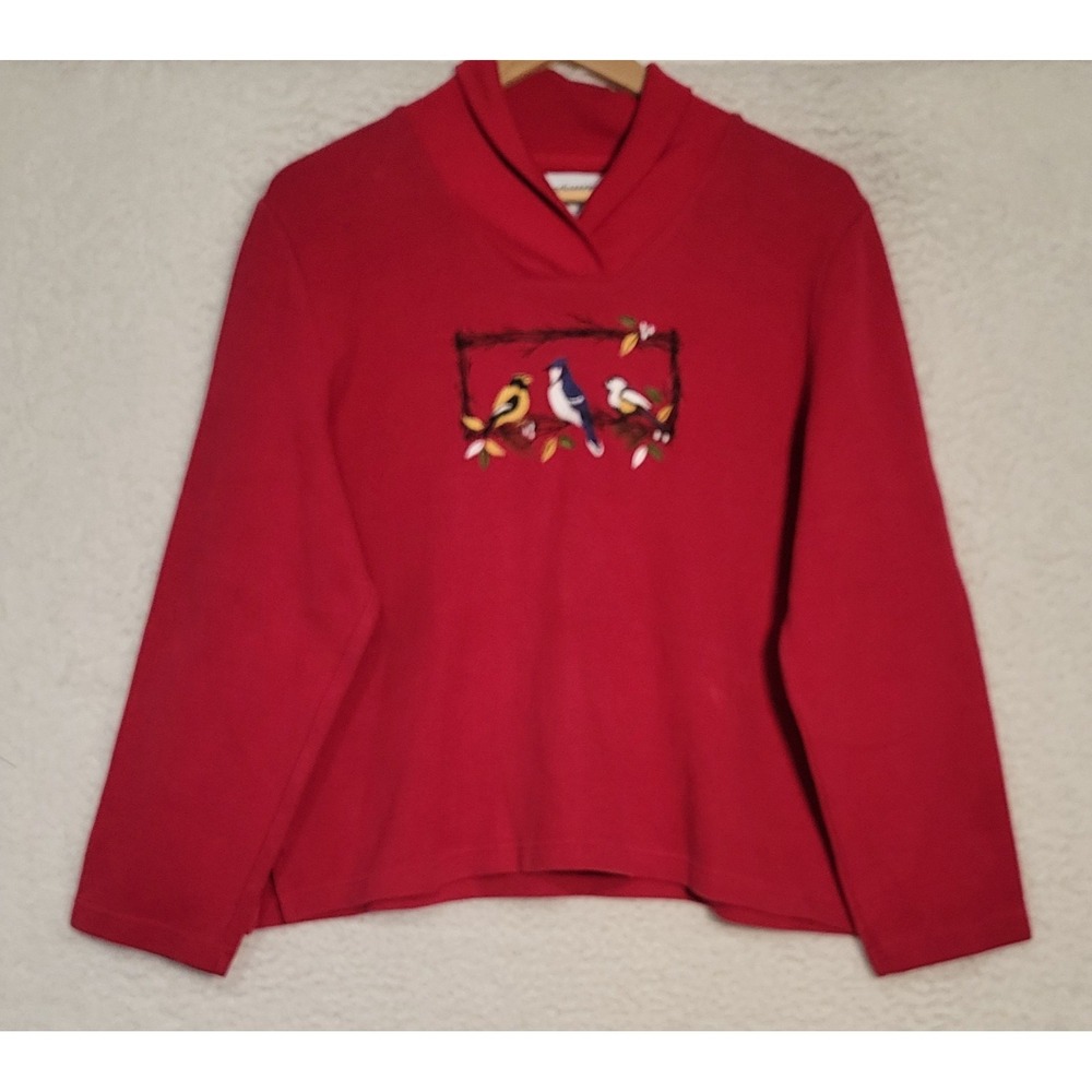 Breckenridge Womens Shirt Top Red Size PXL Birds Embroidered Long Sleeve 1440